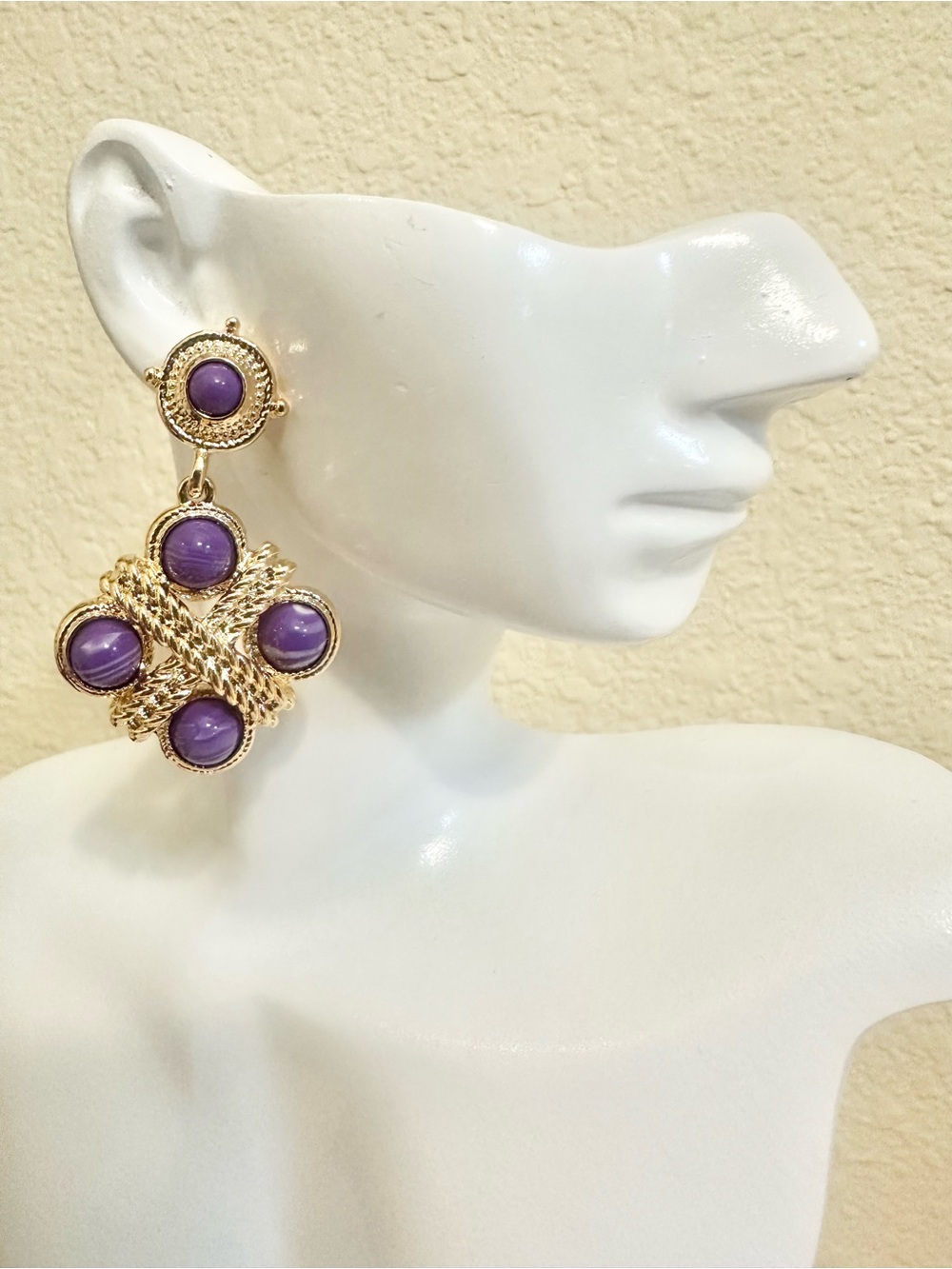 18k Gold-Plated Drop Earrings with Purple Cabochon Accents